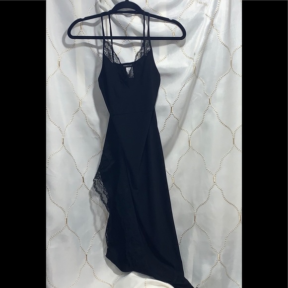 WANT MY LOOK BLACK LACE TRIM MAXI GOWN HIGH SLIT - Picture 2 of 5